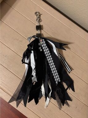 Romantic Whimsey Black & White Ribbon Tassel Bag/Keychain/Car Charm